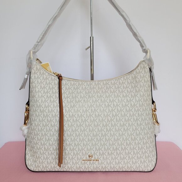 MICHAEL KORS Laney Hobo Signature Logo Shoulder Bag- Vanilla/Acorn Color - Picture 1 of 16